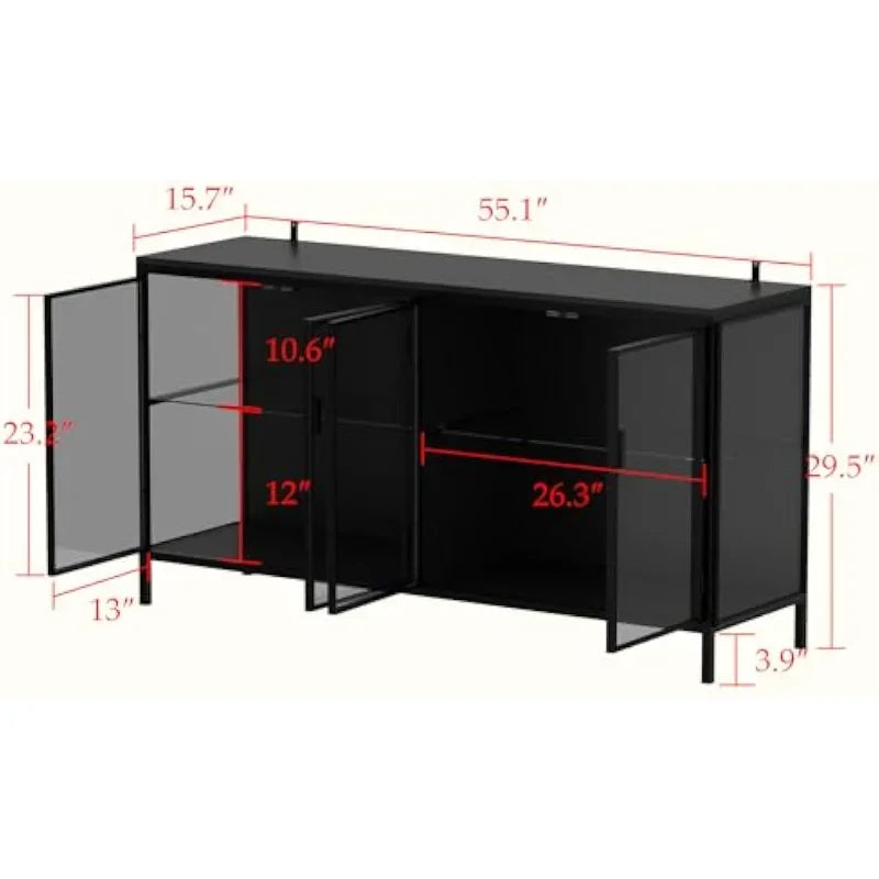 HOT Glass Shelves 4 Compartments, Sideboard Buffet with Solid Metal Legs, Modern Display Cabinet for Living Room Dining Room, Bl