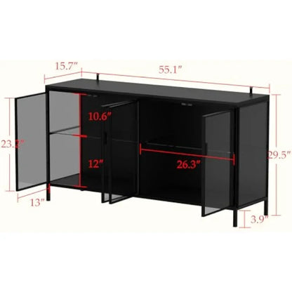HOT Glass Shelves 4 Compartments, Sideboard Buffet with Solid Metal Legs, Modern Display Cabinet for Living Room Dining Room, Bl