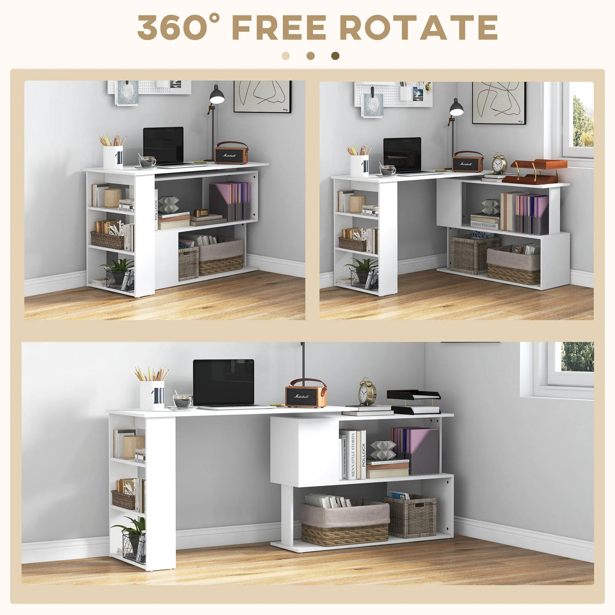 HOMCOM L Shaped Rotating Computer Desk with Storage Shelves
