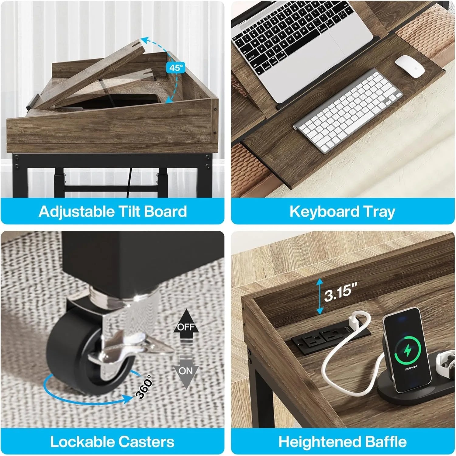 Height Adjustable Overbed Table with Wheels, Queen Size Over Bed Desk with Adjustable, Mobile Laptop Cart Computer Desk