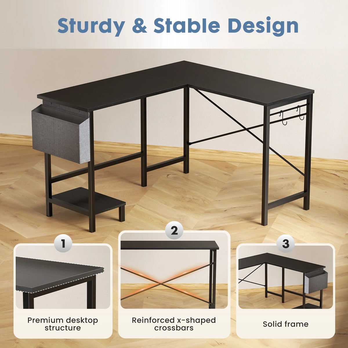 MCQ L Shaped Computer Desk with Storage and Side Hook