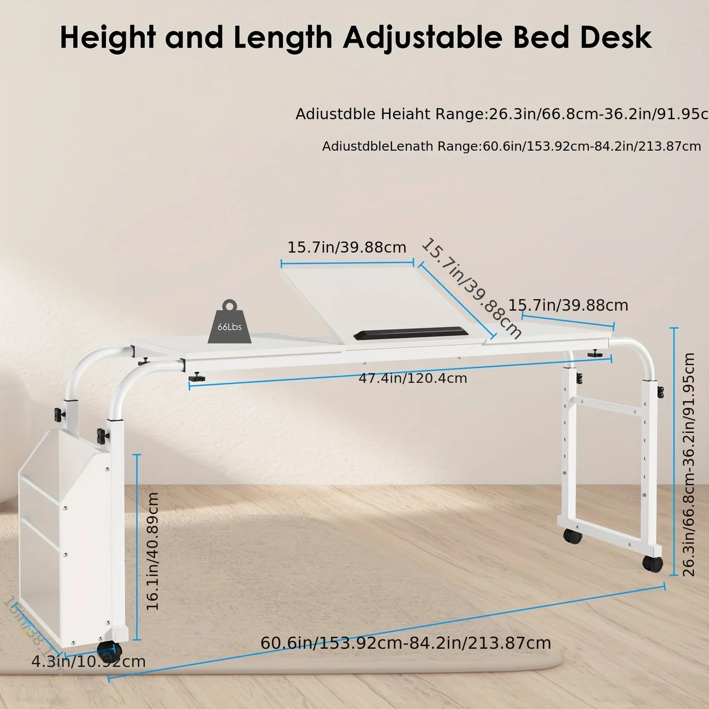 Adjustable Height Mobile Bed Desk With Wheels Overbed Table Laptop Cart