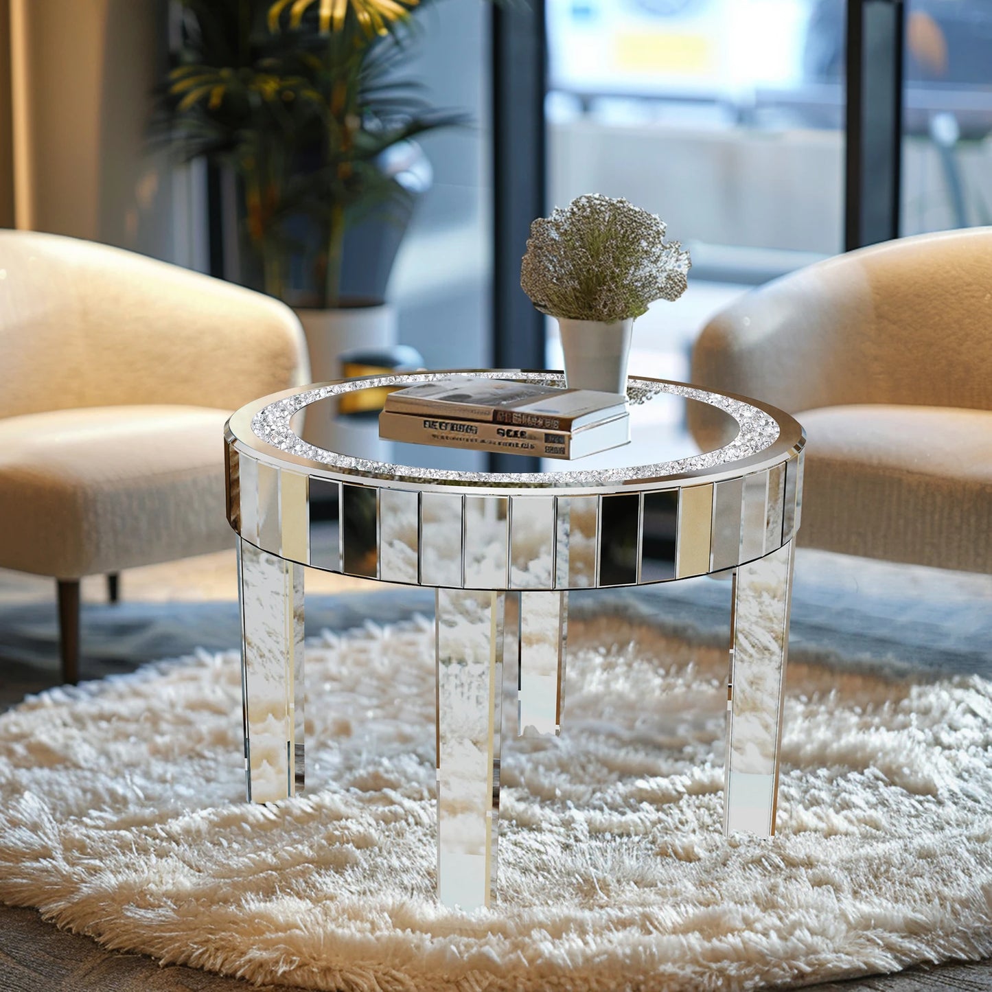 Folded Crushed Crystal Mirrored Round Coffee Table