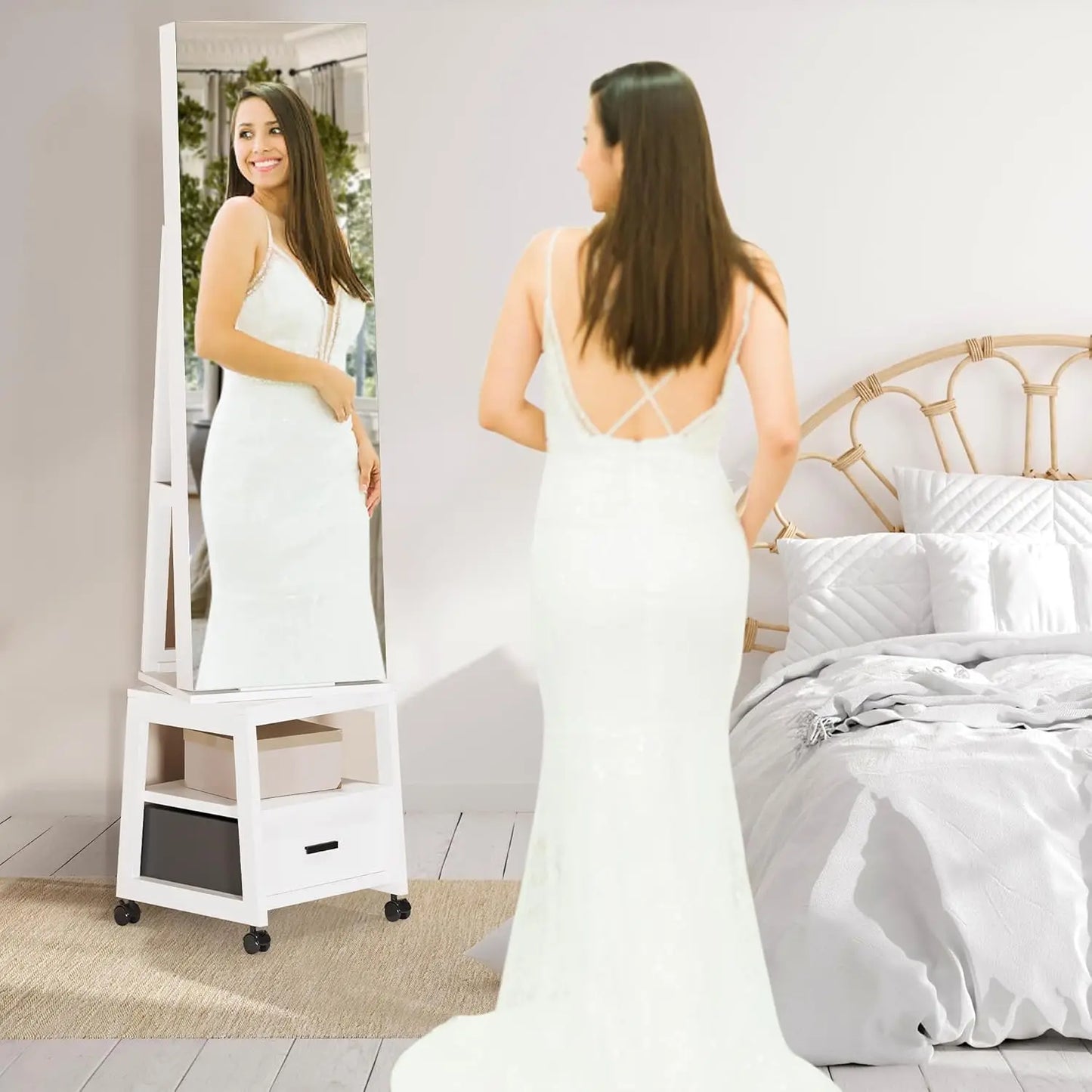 360° Swivel Mirror Jewelry Cabinet, Full Length Mirror with Standing Jewelry Armoire Organizer With Drawer and Wheels White