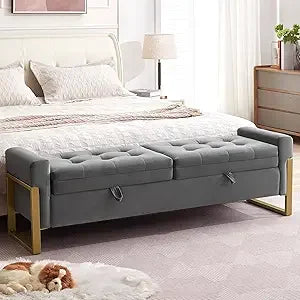 67" Storage Bench for Bedroom End of Bed, Velvet King Size Bed Bench with Double Lids and Gold Legs, Storage Ottoman Bench with