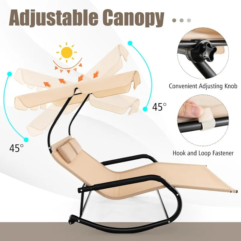 2 Person Lounge Chair with Adjustable Canopy, Outdoor Chaise Lounge with 2 Detachable Pillows and Wheels, Extra Large D