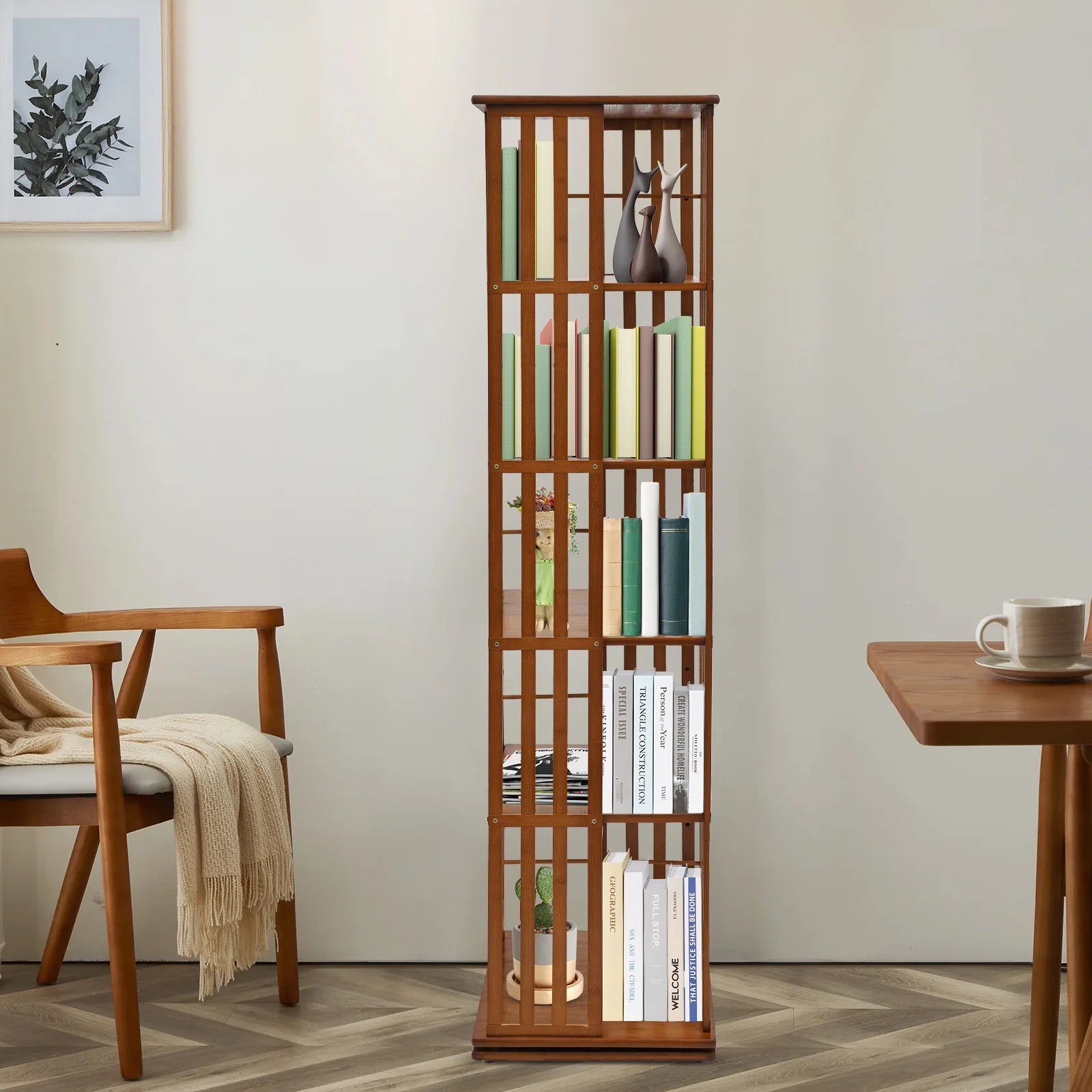 5-Tier Bamboo Rotating Bookcase,Tan/Wood Color Rectangular Rotating Bookshelf Floor-Mounted 37*37*150cm for Study Rooms,Bedrooms