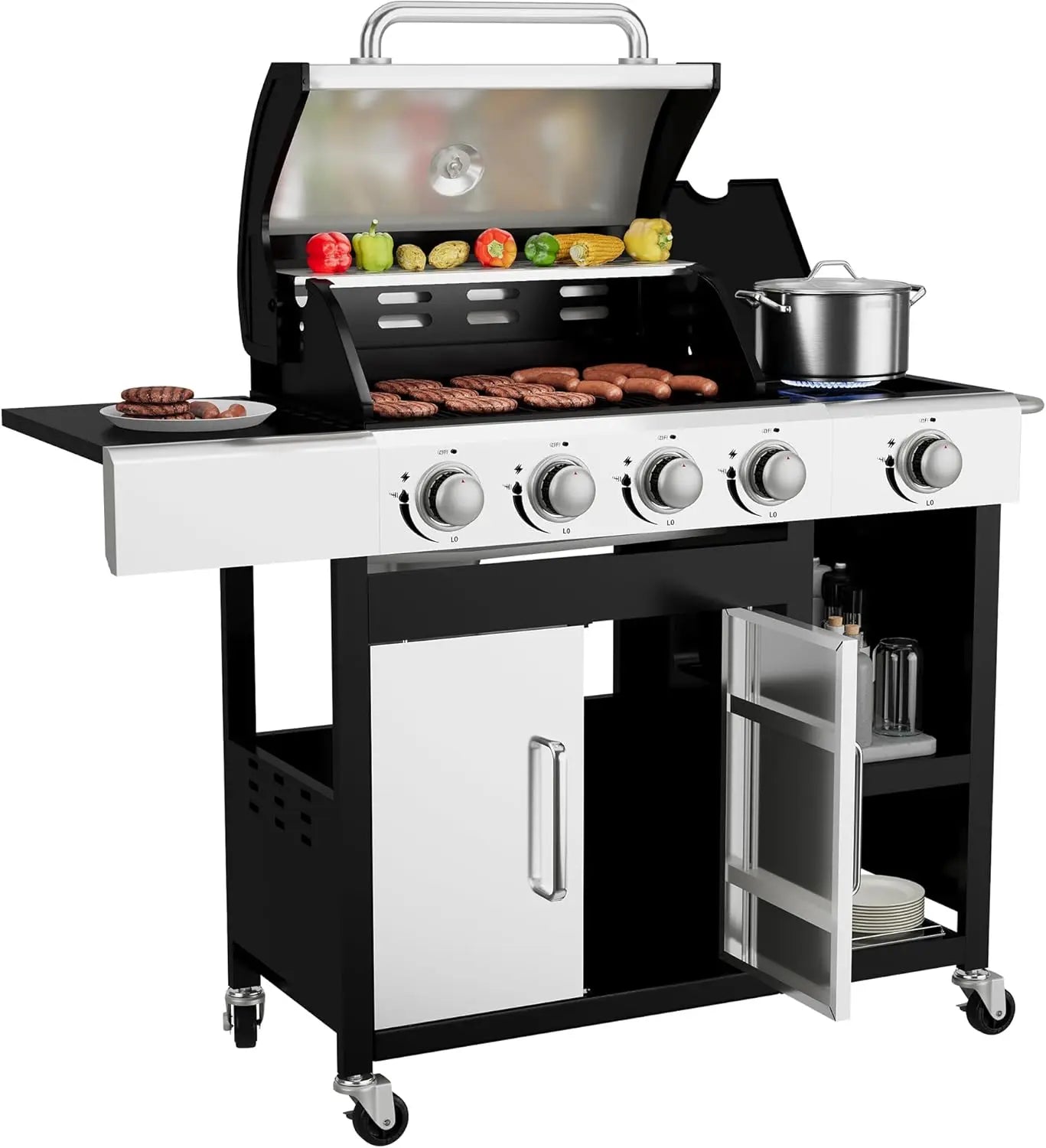 4-Burner Propane Gas Grill with Side Burner- 49,000 BTU Stainless Steel BBQ Grill with Cabinet, Porcelain-Enameled Cast Iron Gra