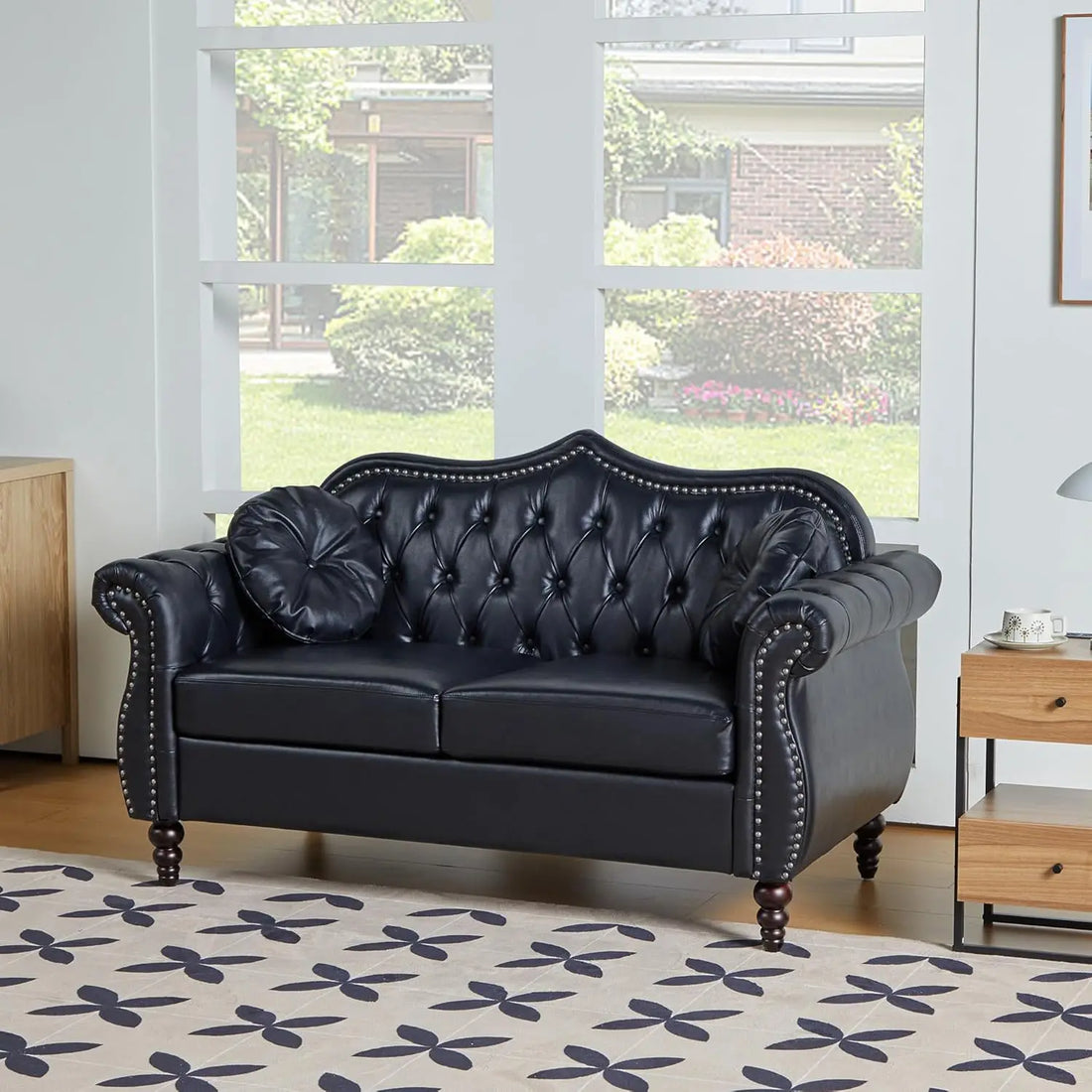 Black Mid-Century Modern 2-Seater Loveseat with Deep Button Tufting and Throw Pillows