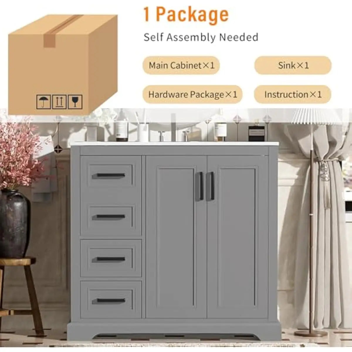 36 Inch Rectangular Bathroom Vanity with Integrated Ceramic Sink Overflow Protection Soft Close Cabinet Doors Three Tier Storage