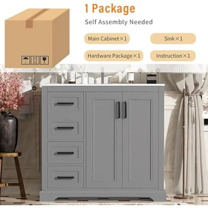 36 Inch Rectangular Bathroom Vanity with Integrated Ceramic Sink Overflow Protection Soft Close Cabinet Doors Three Tier Storage