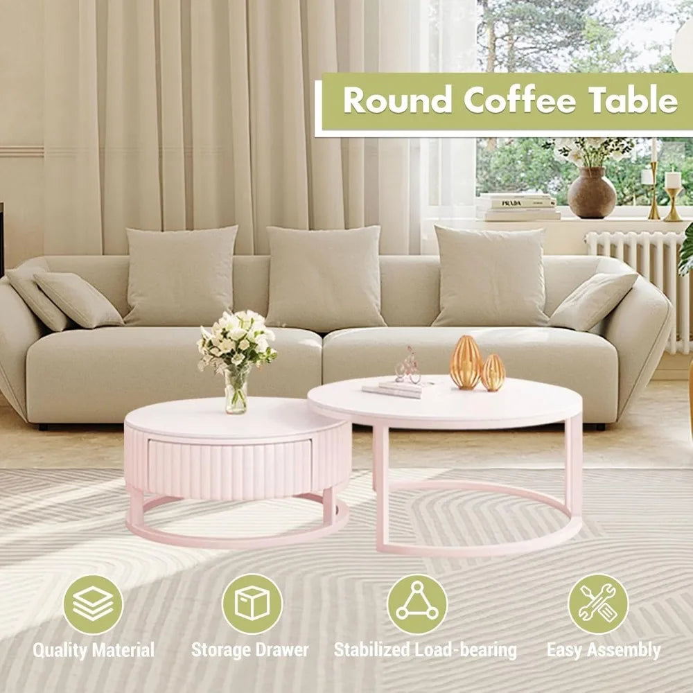 Round Marble Coffee Table with Storage Round Nesting Coffee Table Set of 2 Modern White Coffee Tables for Living Room Coffee Tab