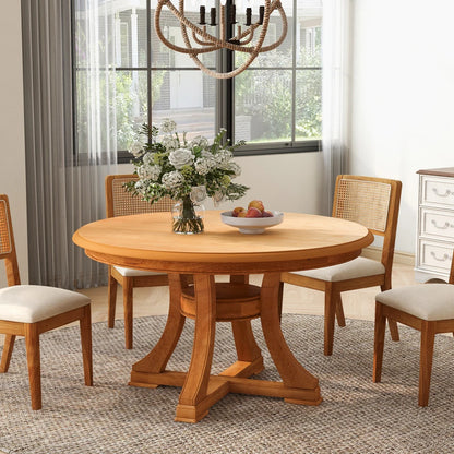 5 Piece Round Extendable Solid Wood Dining Table Set, 4 Rattan Back Chairs With Upholstered Seats, Modern Farmhouse Kitchen Dinner Furniture For Dining Room Kitchen Apartment