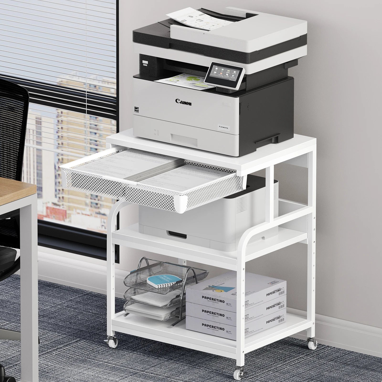 Large Printer Stand w/ Drawer, 5-Adjustable Heights 3 Tier Table w/ Wheels,Printer Cart for Printer Scanner Fax Home Office Use