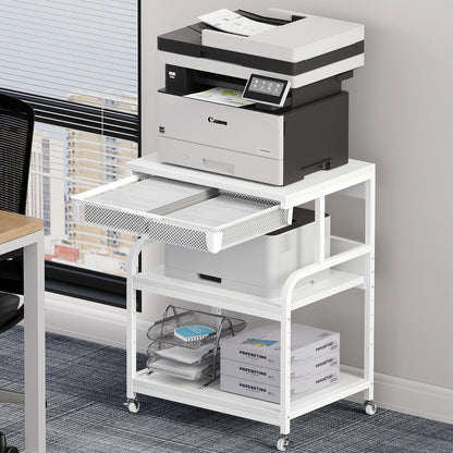 Large Printer Stand w/ Drawer, 5-Adjustable Heights 3 Tier Table w/ Wheels,Printer Cart for Printer Scanner Fax Home Office Use