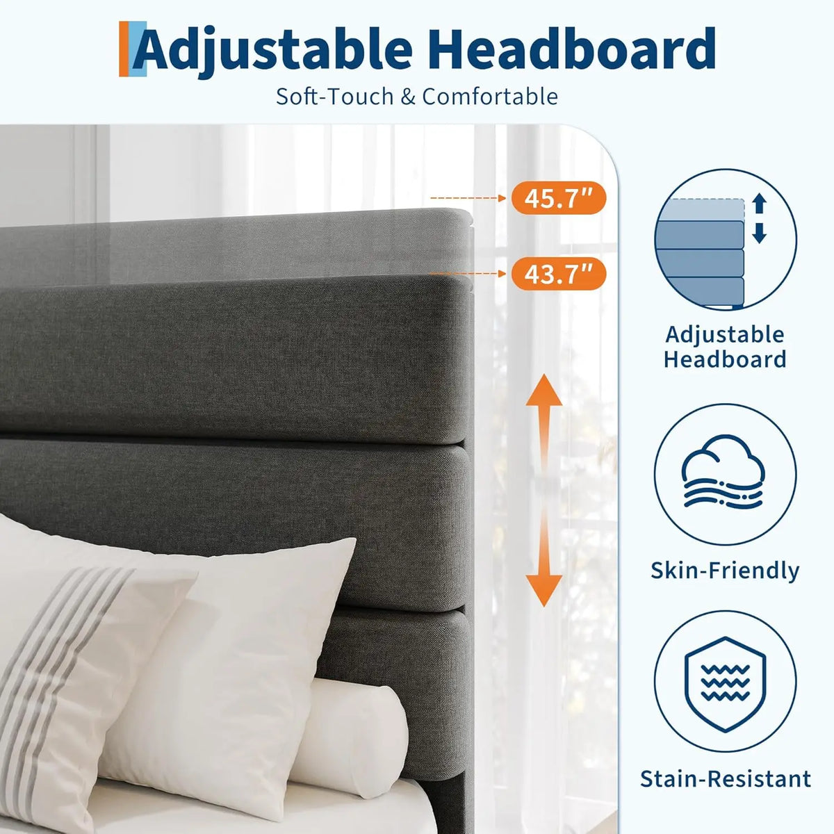 HiMISS Upholstered Platform Bed With Adjustable Headboard And Wooden Slats