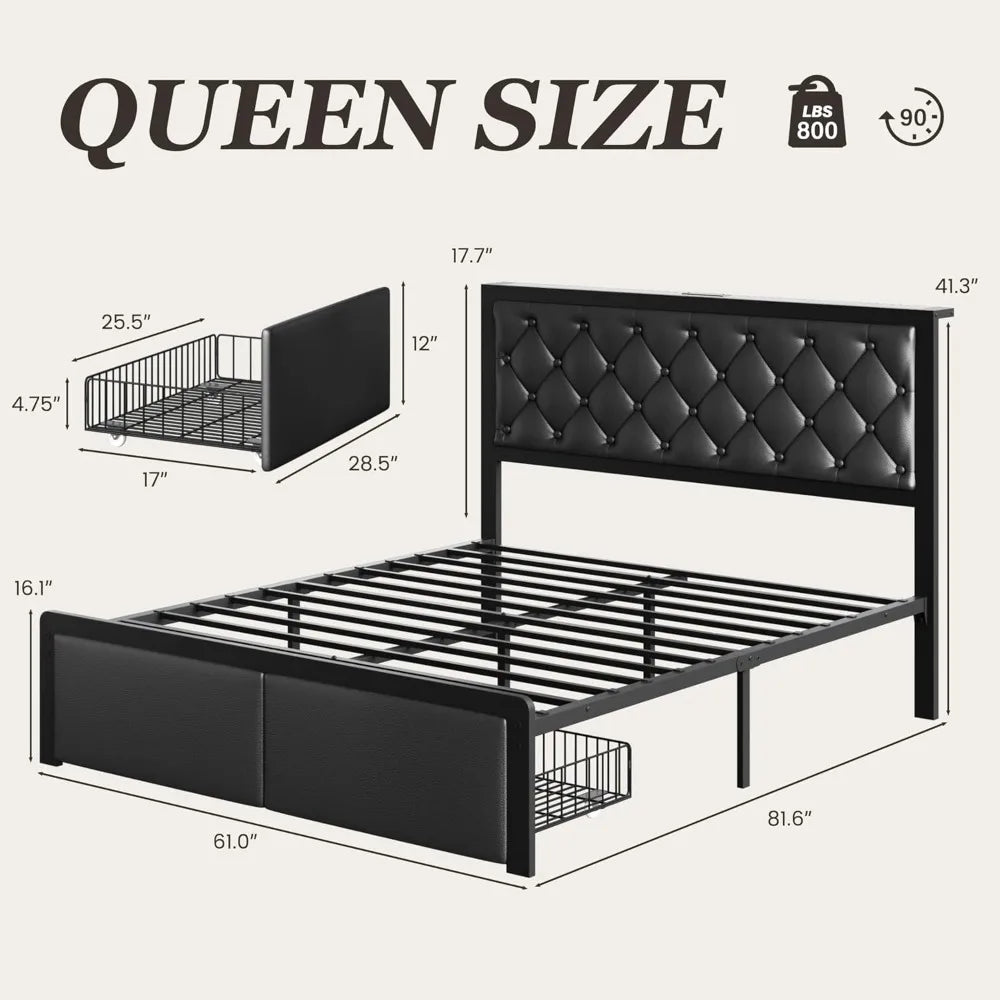 High-concerned Upholstered Bed Frame With 2 Storage Drawers And Charging Station