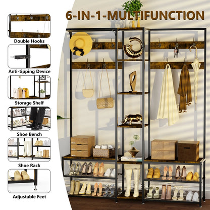 Heavy Duty Corner Coat Stand with Shoe Bench Hall Tree Free Standing Clothes Hat Hanger