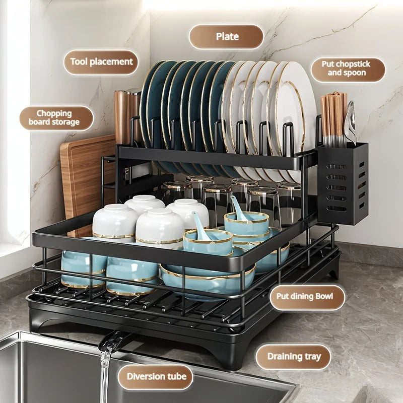 2-Tier Expandable Dish Drying Rack, Metal Kitchen Dish Rack and Drainboard Set with Knife Fork Holder &amp; Cutting Board Organizer for Countertop
