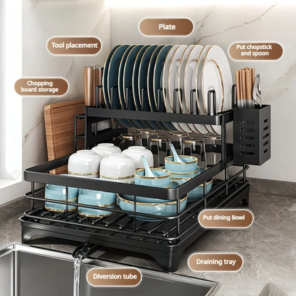 2-Tier Expandable Dish Drying Rack, Metal Kitchen Dish Rack and Drainboard Set with Knife Fork Holder &amp; Cutting Board Organizer for Countertop