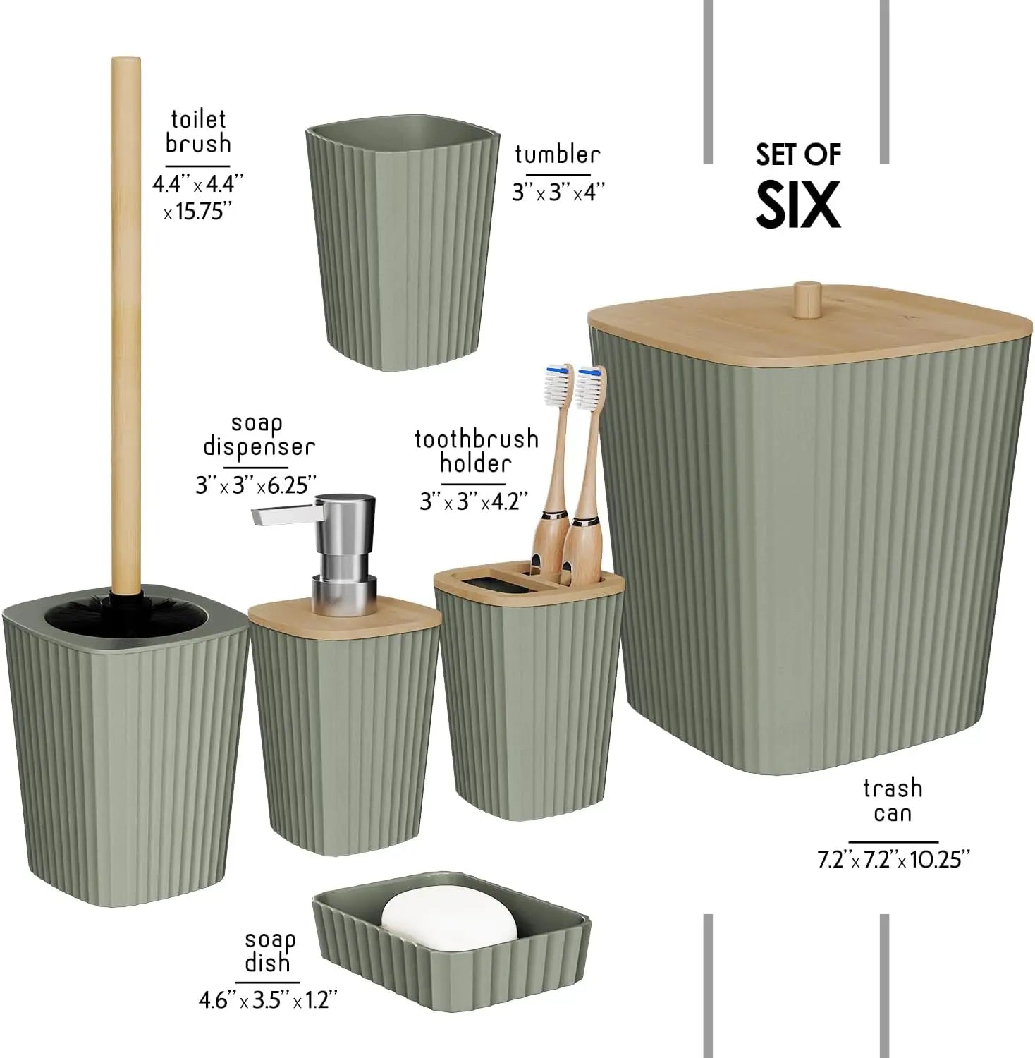 Sage Green Bathroom Accessory Set, 6PC with Toilet Brush, Trash Can &amp; Soap Dispenser for Modern Bathrooms