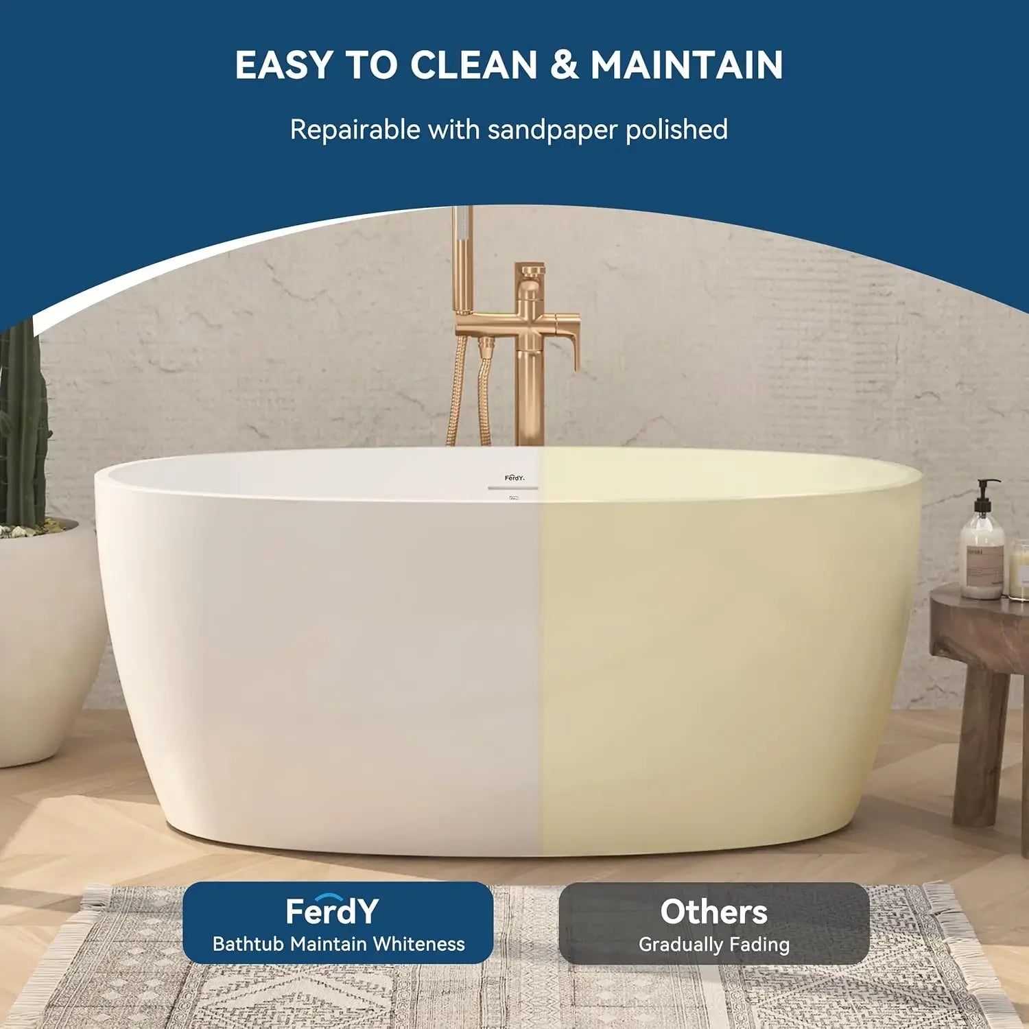 Tahiti 55" Acrylic Freestanding Bathtub, Elegant Oval Shape Soaking Bathtub, Glossy White, Brushed Nickel Drain &amp; Integrated Slo
