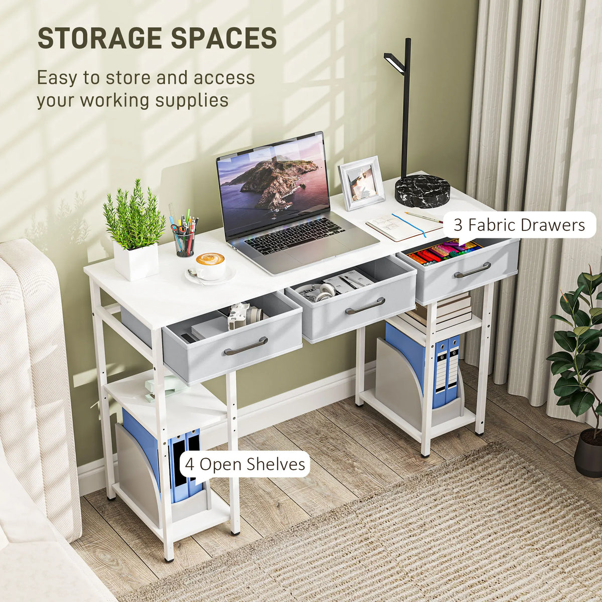 Computer Desk With Three Fabric Drawers And Adjustable Storage Shelves