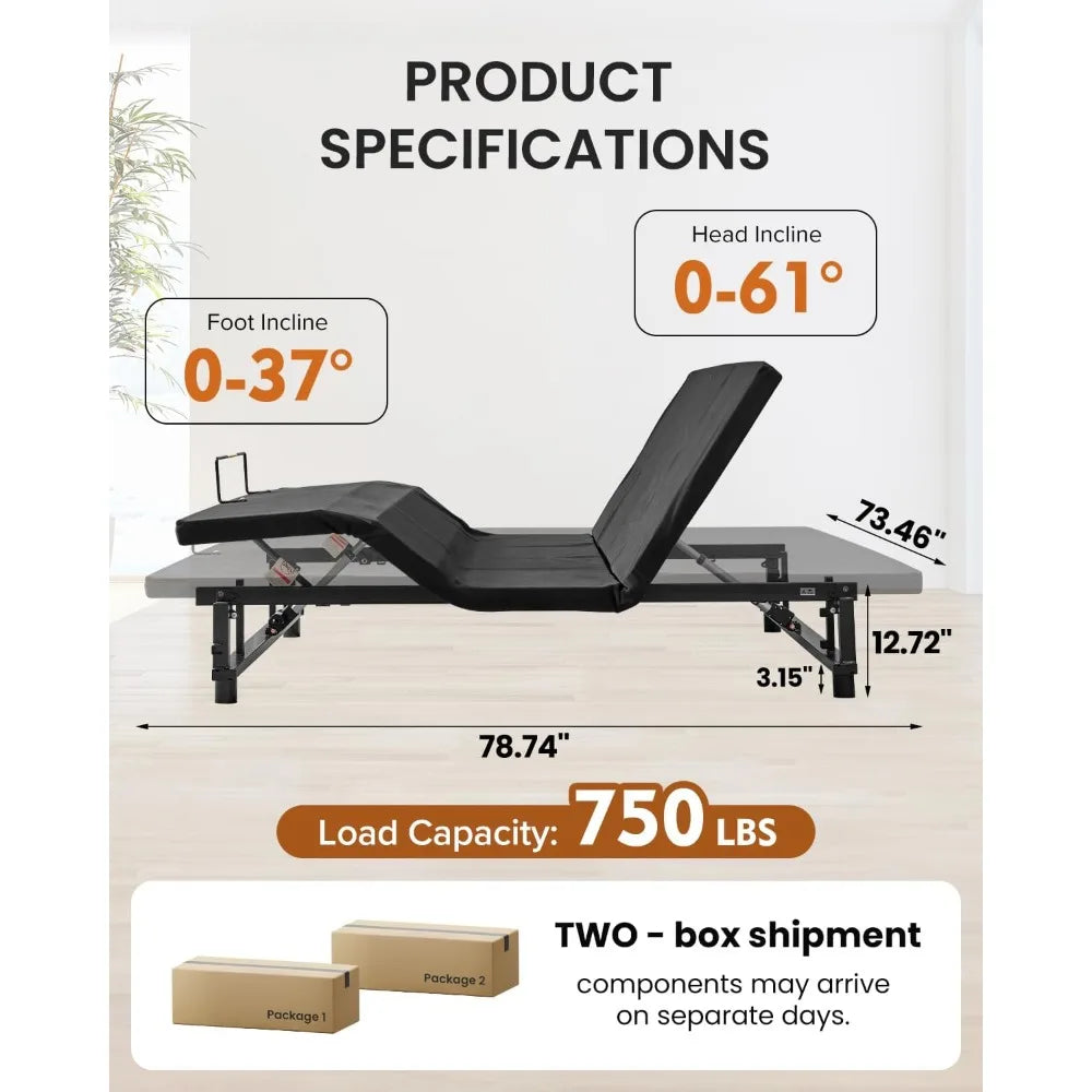 Adjustable Bed Base Frame Metal Head &amp; Foot Incline Wireless Remote Zero Gravity Quiet Motor 79x74x12.72in Black, Customized
