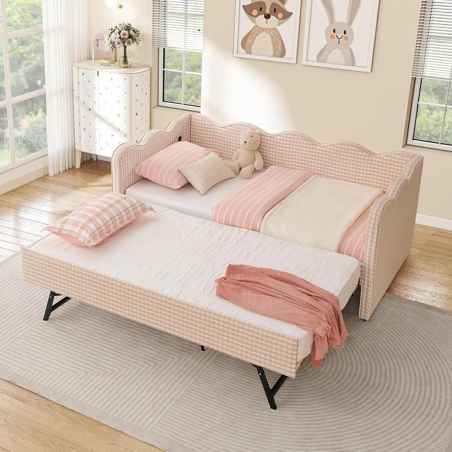 Twin Daybed Pop Up Trundle Linen Upholstered Convertible Sofa Bed Guest Room No Box Spring Customized