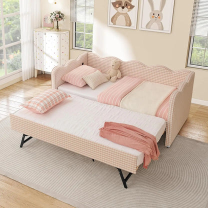 Twin Daybed Pop Up Trundle Linen Upholstered Convertible Sofa Bed Guest Room No Box Spring Customized