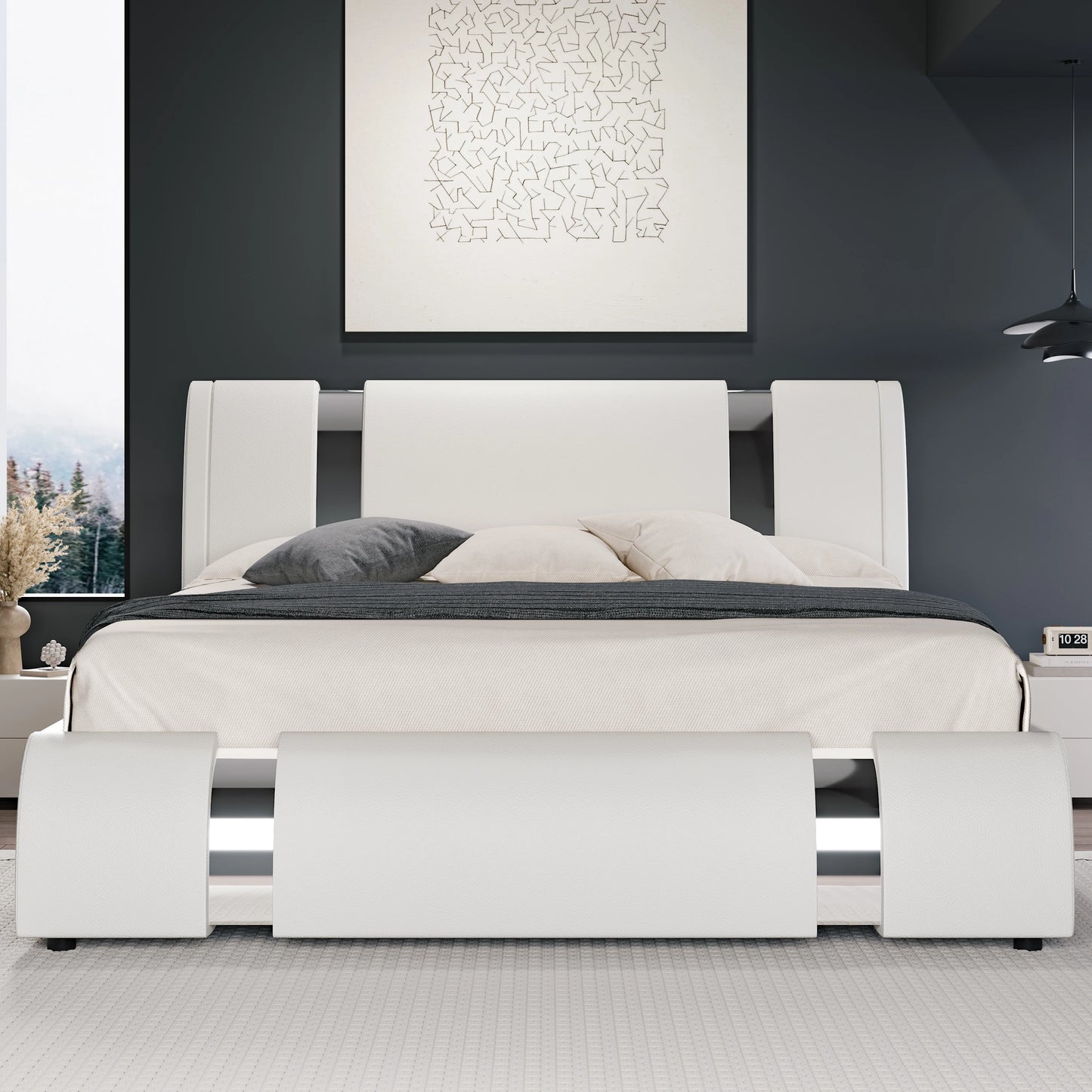 HOOMIC Modern Faux Leather Platform Bed Frame With Iron Accents