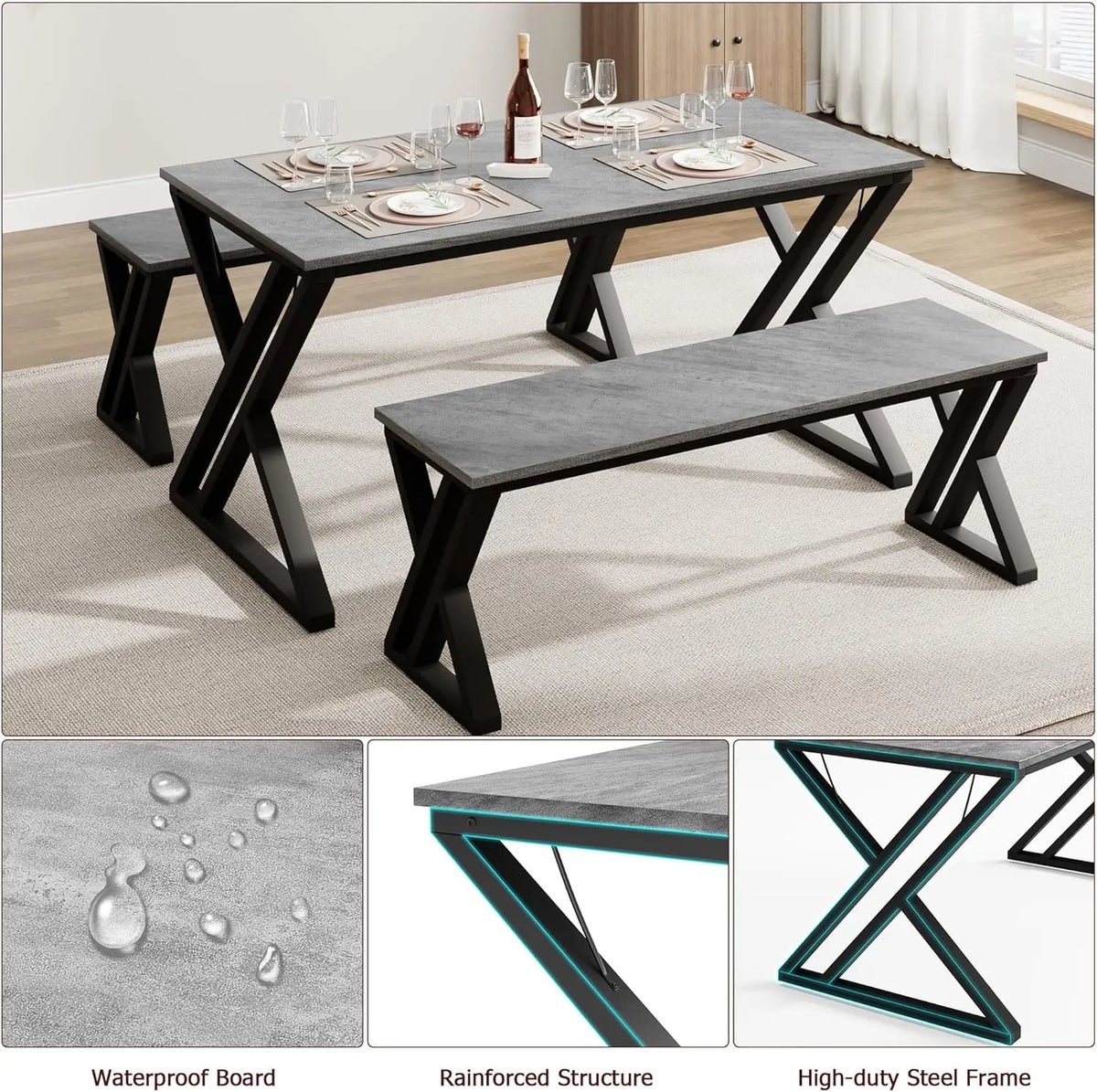 Kitchen Table Set with 2 Benches Space Saving Dining Room Table &amp; Benches Sturdy Metal Frame Dinette Set for Home Grey