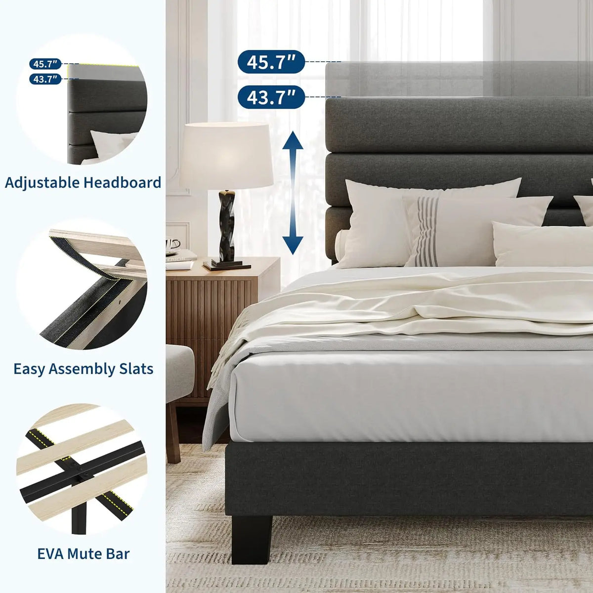 HiMISS Upholstered Platform Bed With Adjustable Headboard And Wooden Slats