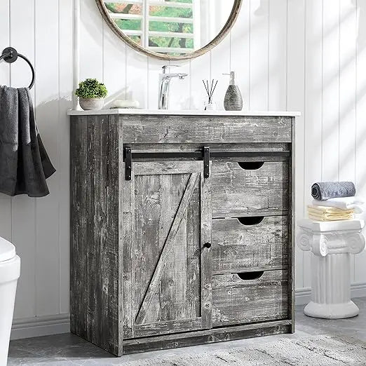 RBXC Farmhouse Bathroom Vanity With Sink, Barn Door Storage Cabinet
