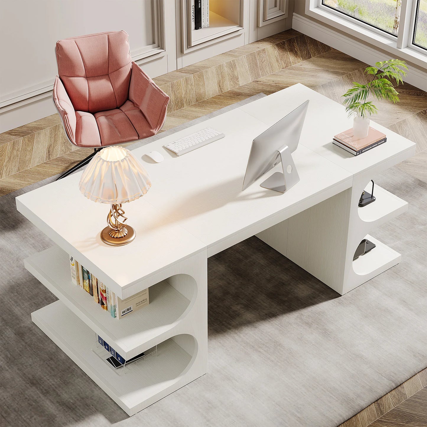 Tribesigns Modern Executive Office Desk, 63-Inch Large Computer Home Office Desk with Storage Shelves, Wood Study Writing Table