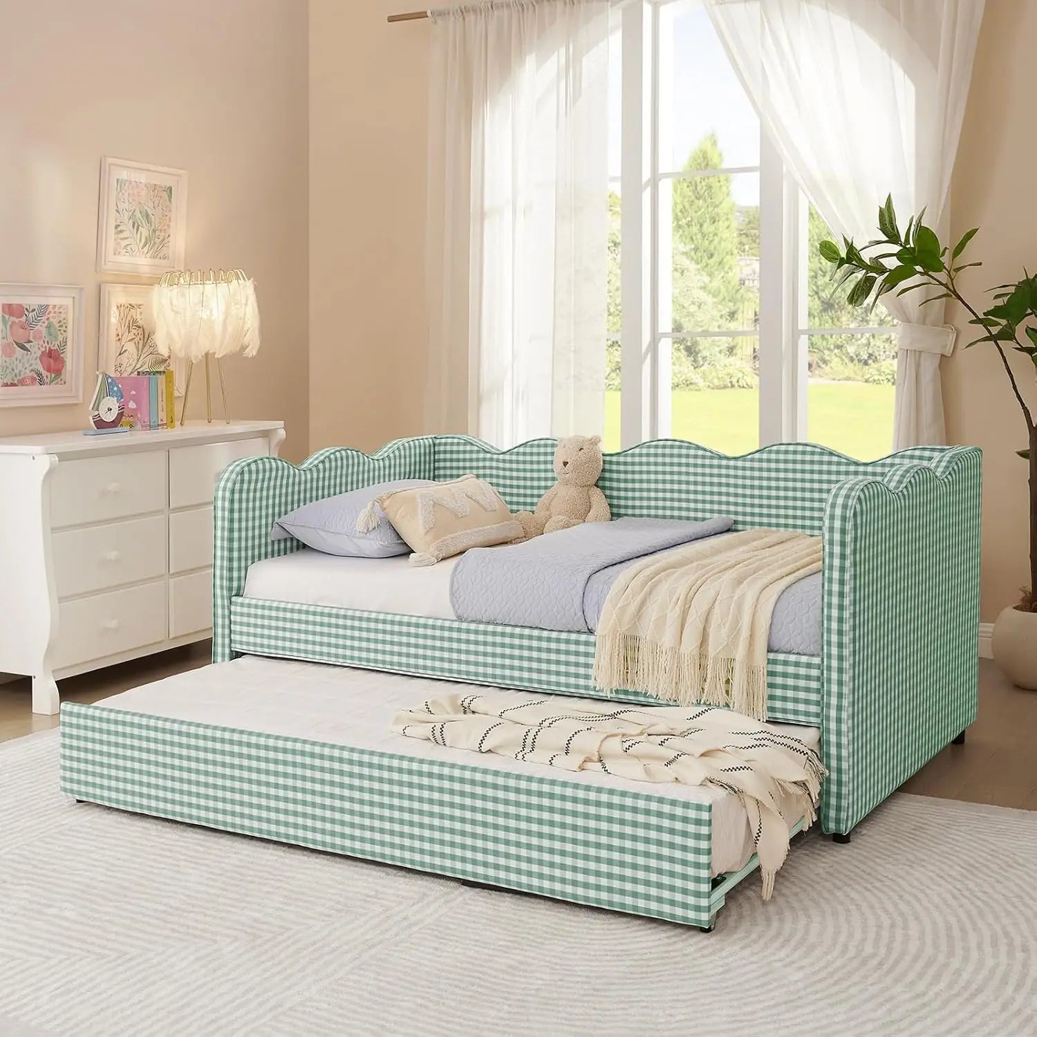Twin Daybed Pop Up Trundle Linen Upholstered Convertible Sofa Bed Guest Room No Box Spring Customized