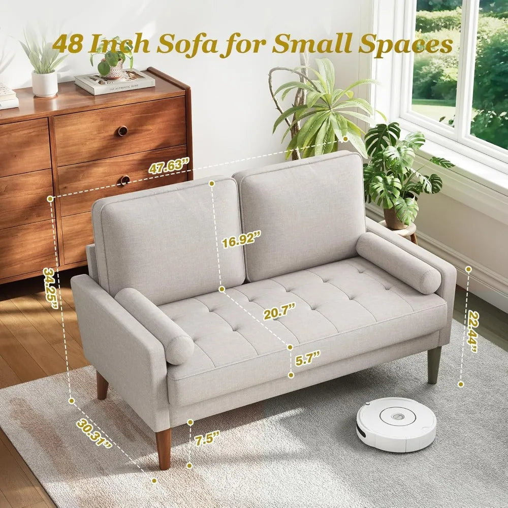 48 Inch Vesgantti Loveseat Sofa - Solid Wood Legs Mid Century Modern Easy Assembly Couch Throw Pillow Ashbeige for Apartment