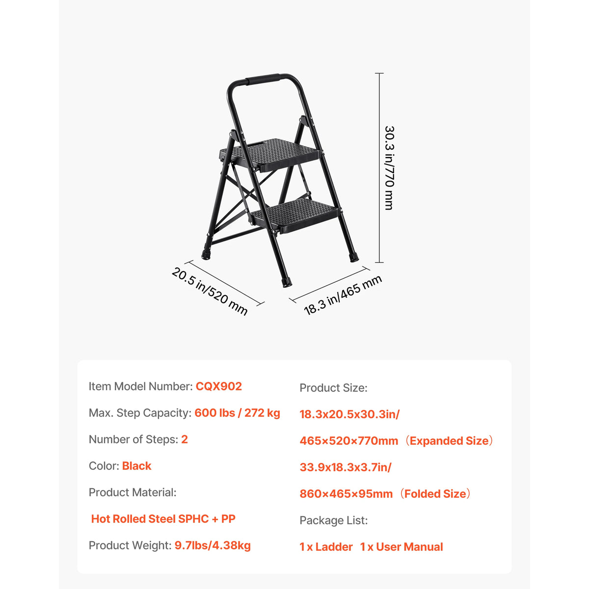 SucceBuy 2/3/4/5 Step Ladder Folding Step Stool with Wide Anti-Slip Pedal Tray Dual Side Handrails 600 home Household and Office