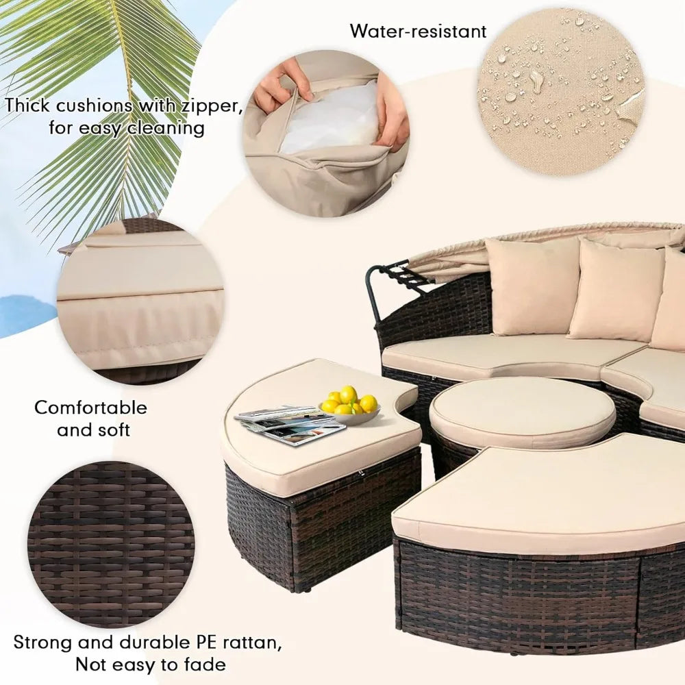 DAFIFY Outdoor Patio Daybed With Retractable Canopy Wicker Rattan Set