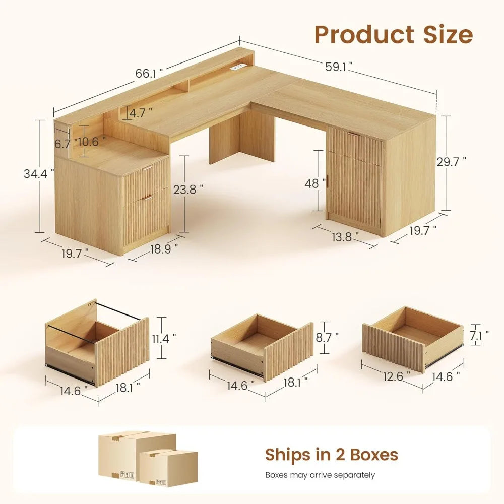 66" Modern L-Shaped Office Desk with Drawers, File Cabinet, Monitor Stand &amp; Power Outlets - Ergonomic Home Office Furniture