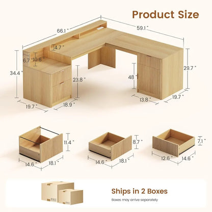 66" Modern L-Shaped Office Desk with Drawers, File Cabinet, Monitor Stand &amp; Power Outlets - Ergonomic Home Office Furniture