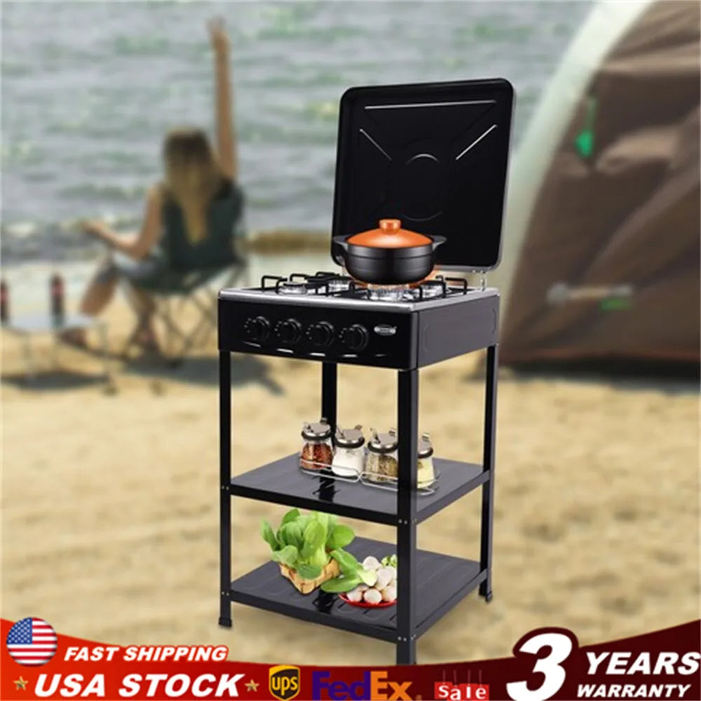 BYMAOCAR Stove Propane 4 Burner Portable Cooker BBQ Grill Windshelter Black with Detachable Storage Rack Outdoor Black/Silver