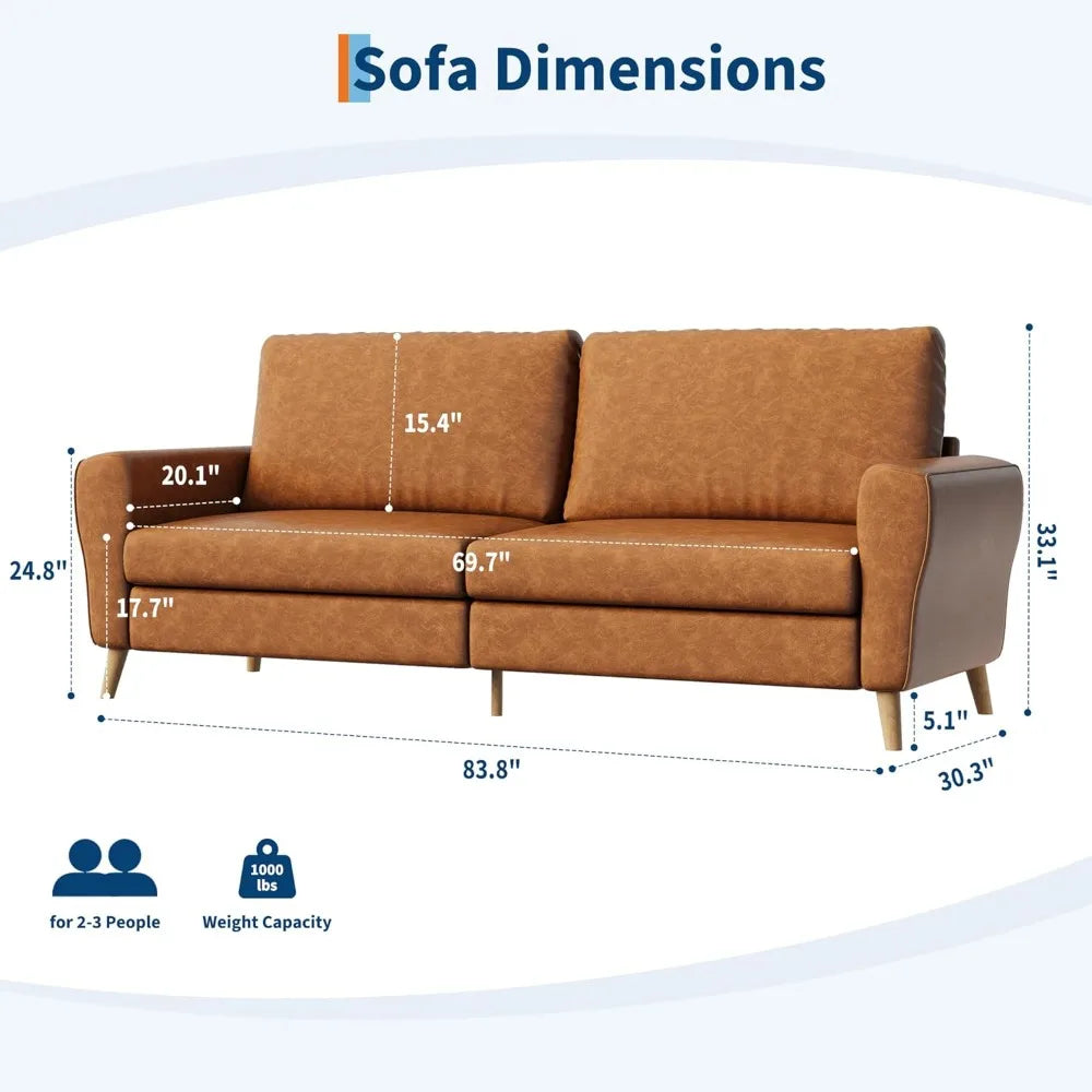 84 Inch Sofa Couch, Large 3-Seater Sofa w/Streamlined Armrests, PU Leather Loveseat Wood Feet, Comfy Couch for Living Room