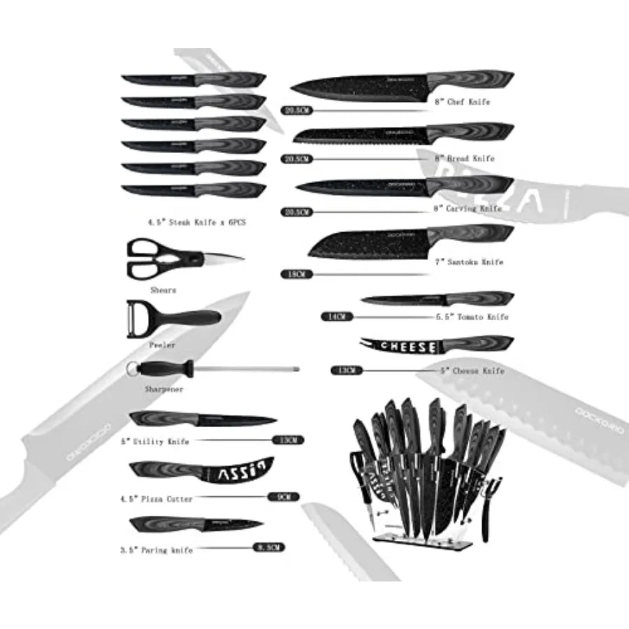 All in One Kitchen Knife Set 19 PCS High Carbon Stainless Steel Chef Knives Serrated Steak Knives Bread Knife Scissors Sharpene