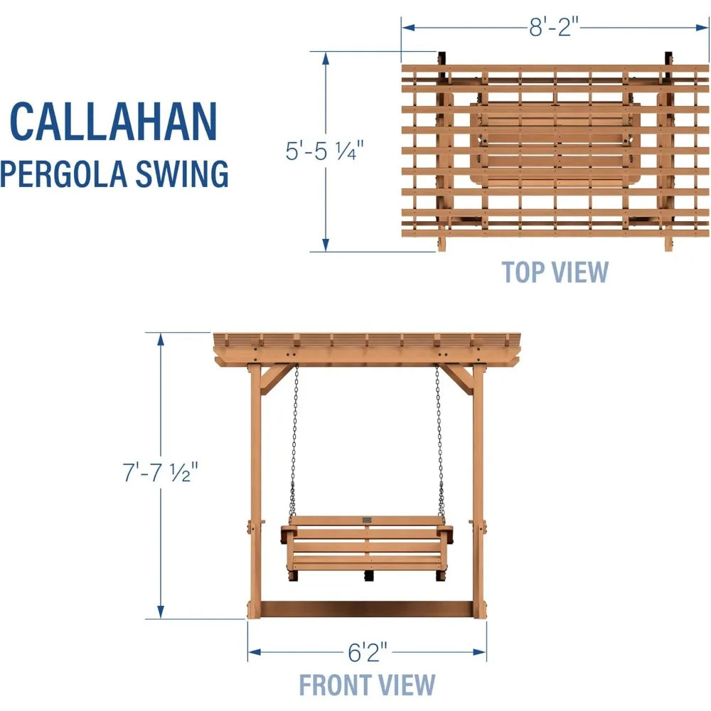 Backyard 8' x 5' Cedar Wood Outdoor Patio Pergola Swing Bench with Trellis, Two-Person Seating, Chains, Water