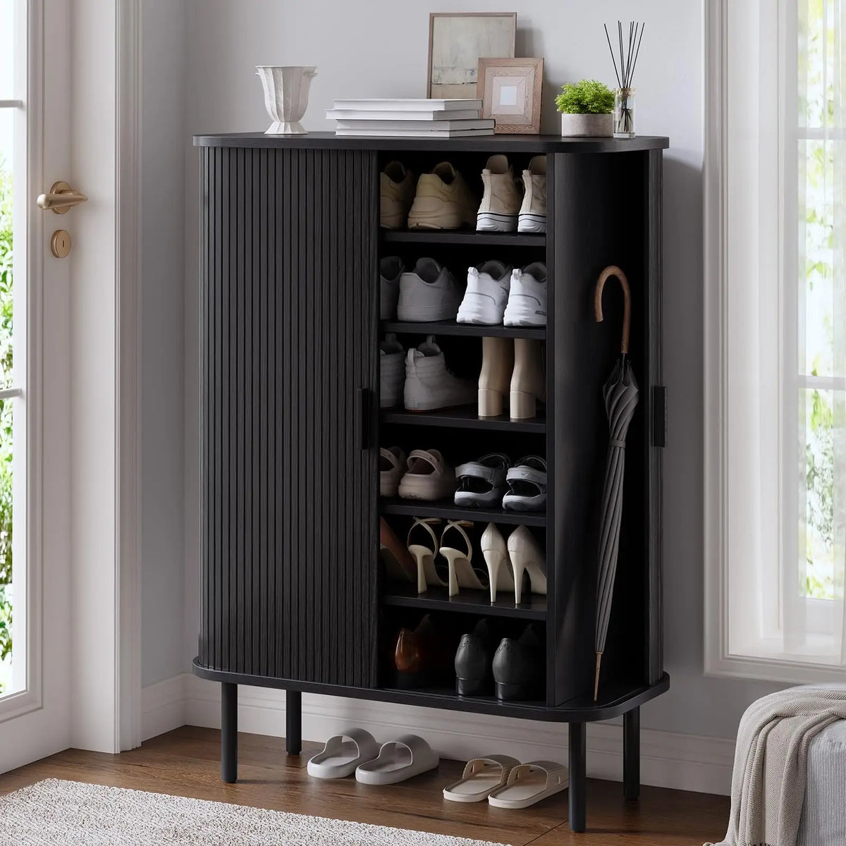 ONBRILL Fluted Six Tier Shoe Cabinet With Sliding Door