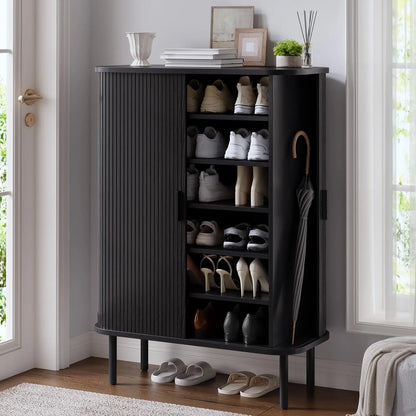 ONBRILL Fluted Six Tier Shoe Cabinet With Sliding Door