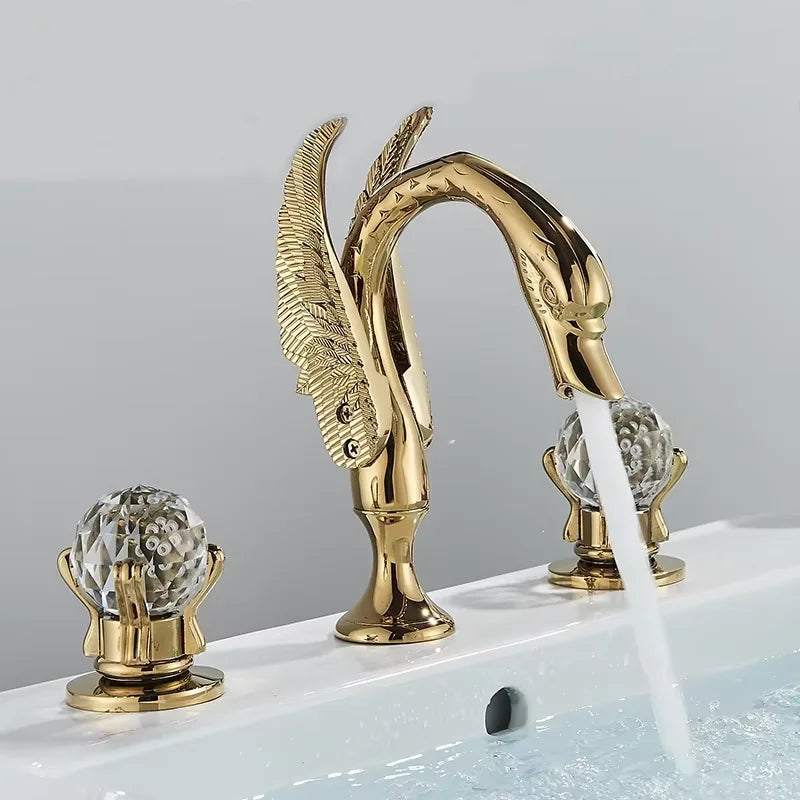 Senlesen Golden Bathroom Basin Faucet Brass Double Handle Hot Cold Sink Mixer Tap Swan Shape Basin Faucet Bathtub Mixers Crane