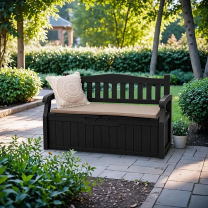BestsellerLockable 80 Gallon Outdoor Storage Bench with Cushions, Patio Furniture, Garden Decor, and Pool Supplies (Black)