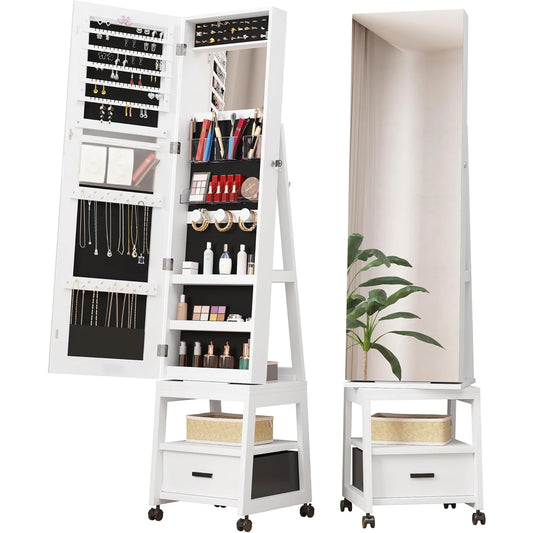 360° Swivel Mirror Jewelry Cabinet, Full Length Mirror with Standing Jewelry Armoire Organizer With Drawer and Wheels White